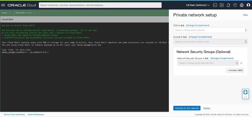 captura de pantalla de configuración de red privada de mysql shell