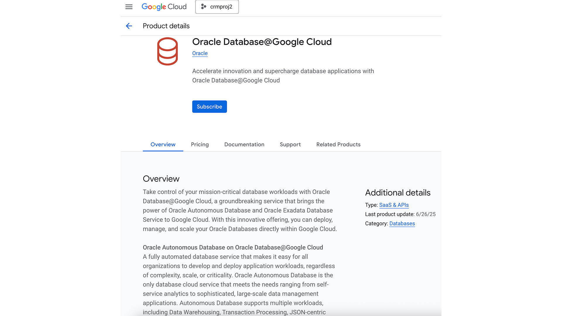 Oracle Database@Google Cloud product details view