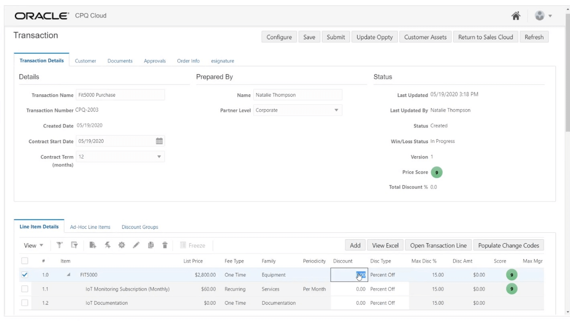 Subscription management transaction screen
