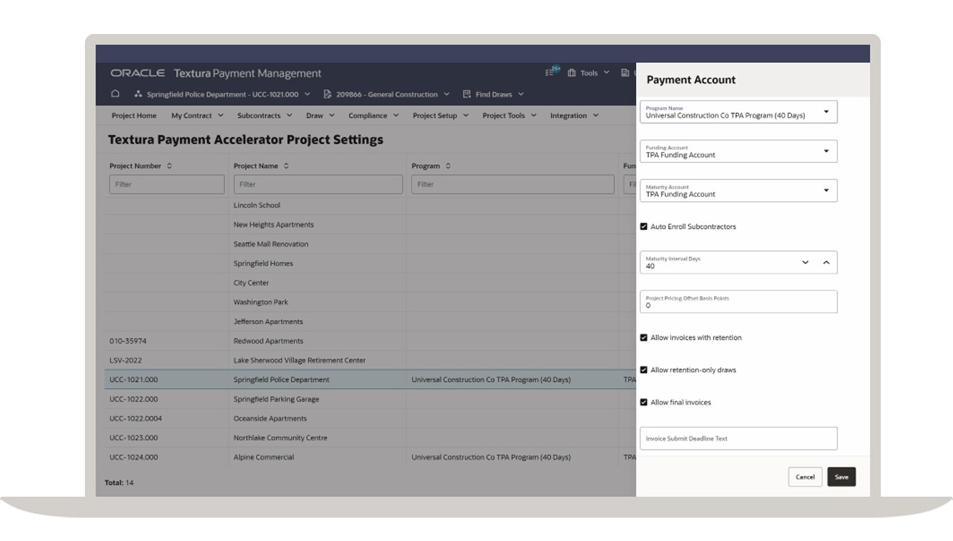Figure 2. Payment accelerator project settings