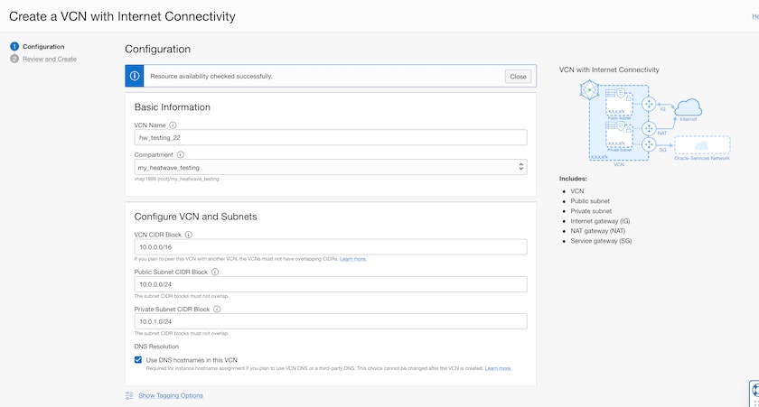 captura de pantalla de configuración de VCN